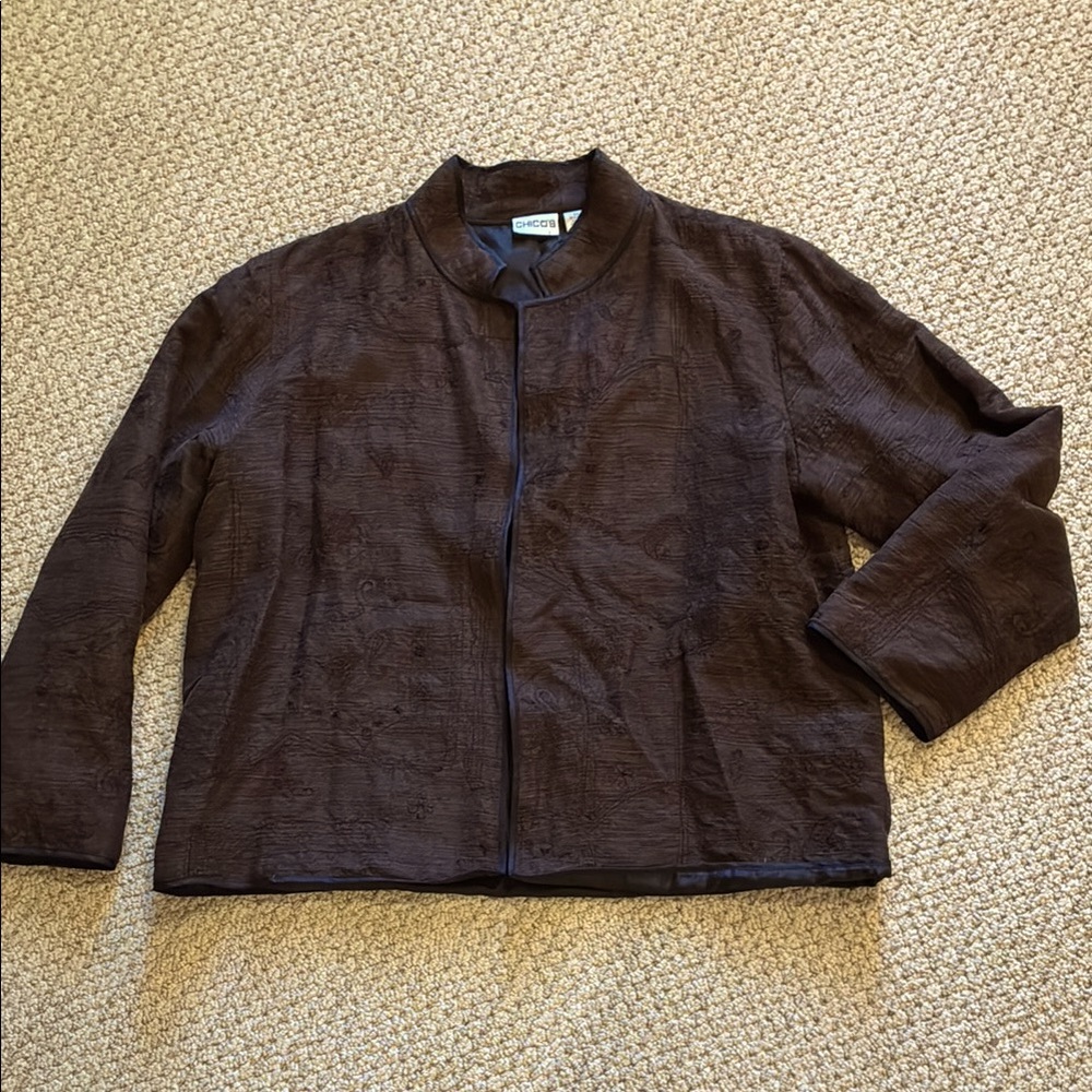Chico's Brown Embroidered Silk Madarin Collar Jacket